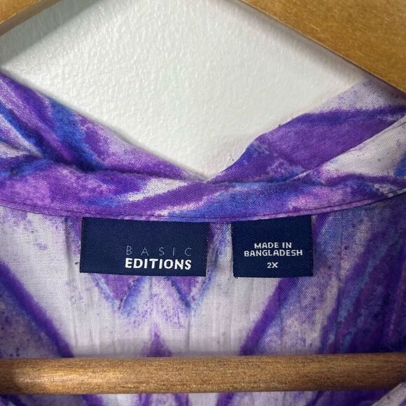 Basic Editions Purple Button Front Women’s 2X Geometric Print Lightweight Top - Picture 6 of 11